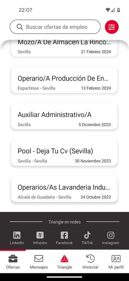 Listado de ofertas de empleo en Sevilla con buscador y filtros en Job&Go