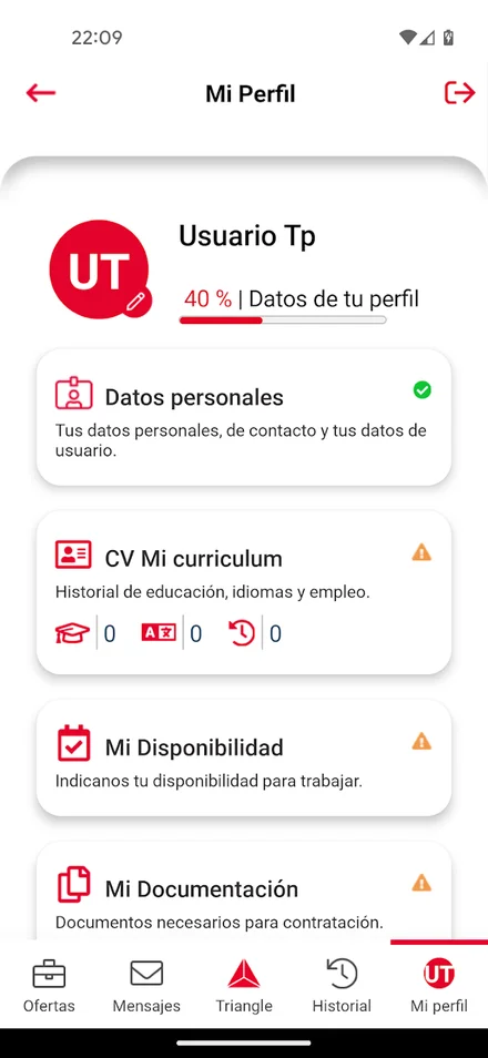 Perfil del candidato con progreso, CV, disponibilidad y documentación en Job&Go